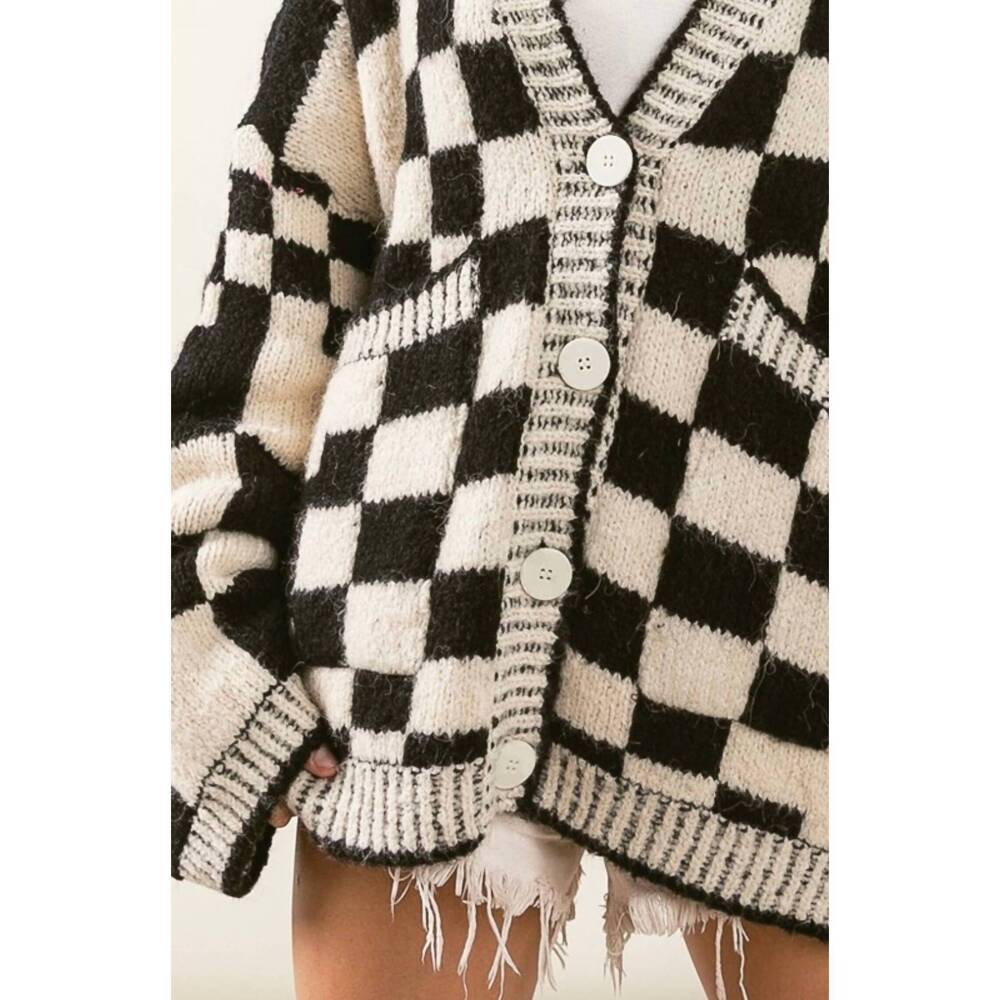NEW BIBI patch pockets checkered sweater cardigan in black - Picture 4 of 4